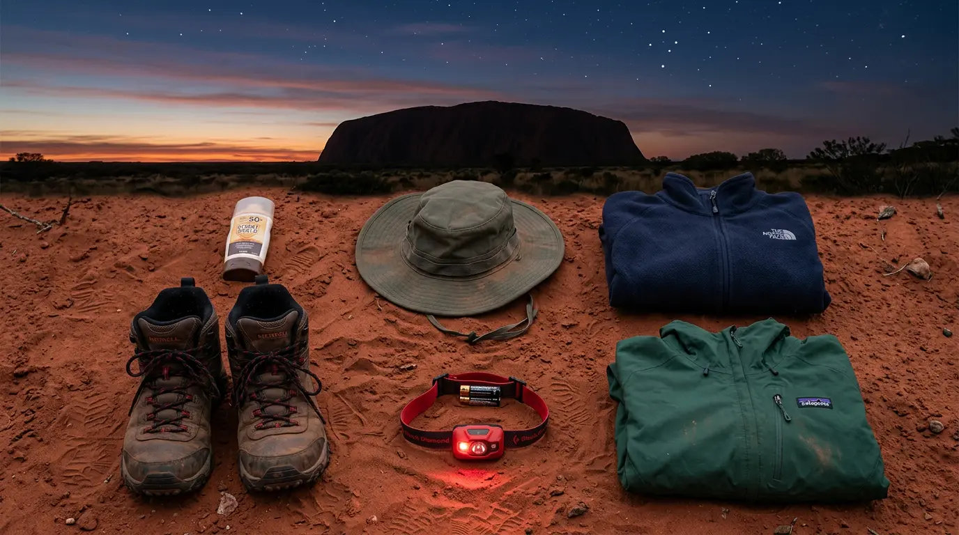 Flat-lay of Uluru stargazing packing list gear at dusk: SPF 30+ sunscreen, wide-brim hat, fleece layer, windproof shell, closed-toe boots, and a red-light headlamp arranged on red desert sand with Uluru's silhouette and emerging stars in the background