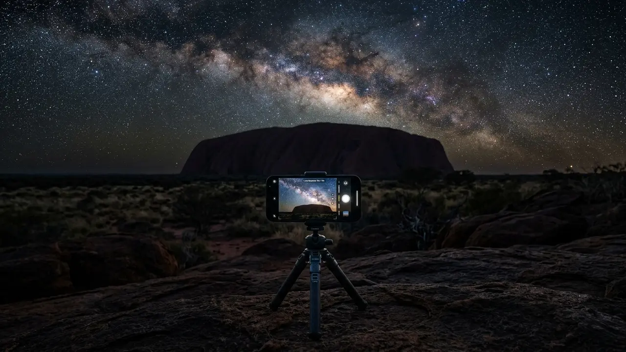 A smartphone secured on a compact tripod captures long-exposure uluru smartphone stargazing photography of the Milky Way arching over Uluru's dark silhouette under a star-filled outback night sky