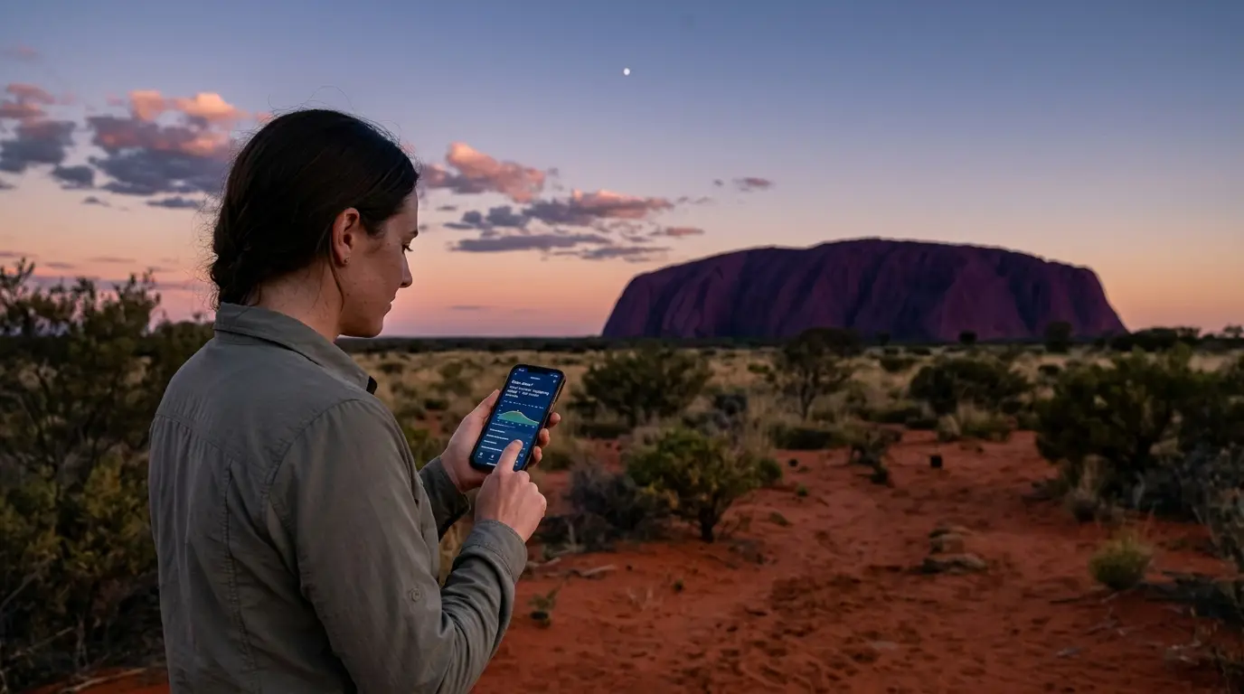 Traveler checking the Uluru stargazing weather forecast on a phone at dusk, the monolith's silhouette turning deep red as scattered clouds break apart to reveal the first stars over the Red Centre desert