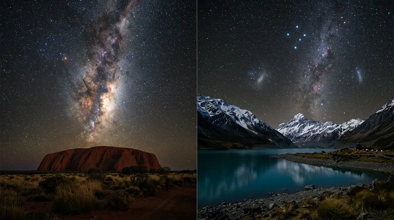 Split-frame night sky comparison for Uluru vs Aoraki Mackenzie stargazing: the red sandstone monolith of Uluru glowing under the Milky Way's galactic core beside Lake Tekapo's alpine mountains under a circumpolar Southern Cross