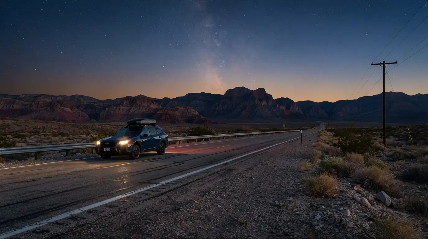 The Las Vegas to Death Valley to Joshua Tree road trip route across the Mojave at dusk, a lone car on a two-lane desert highway, first stars and a faint Milky Way band rising over layered red rock ridges