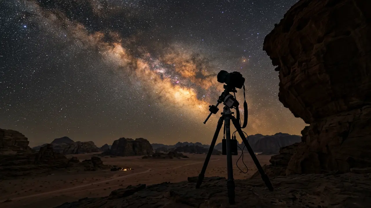 Wadi Rum astrophotography gear setup: a camera and tripod silhouette framing a red sandstone monolith against the Milky Way core over Jordan's desert at night