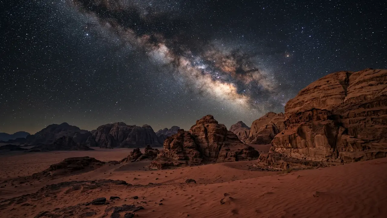 Wadi Rum dark sky UNESCO explained: Milky Way core rising over red sandstone formations in Jordan's UNESCO World Heritage desert at night, no artificial light on the horizon