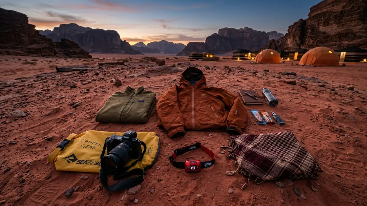 Flat-lay of Wadi Rum desert packing list gear on red sand at dusk: fleece layer, windproof shell, dry bag for a camera, red-light headlamp, and a scarf for khamsin winds, with Bedouin camp dome tents and darkening sky in the background