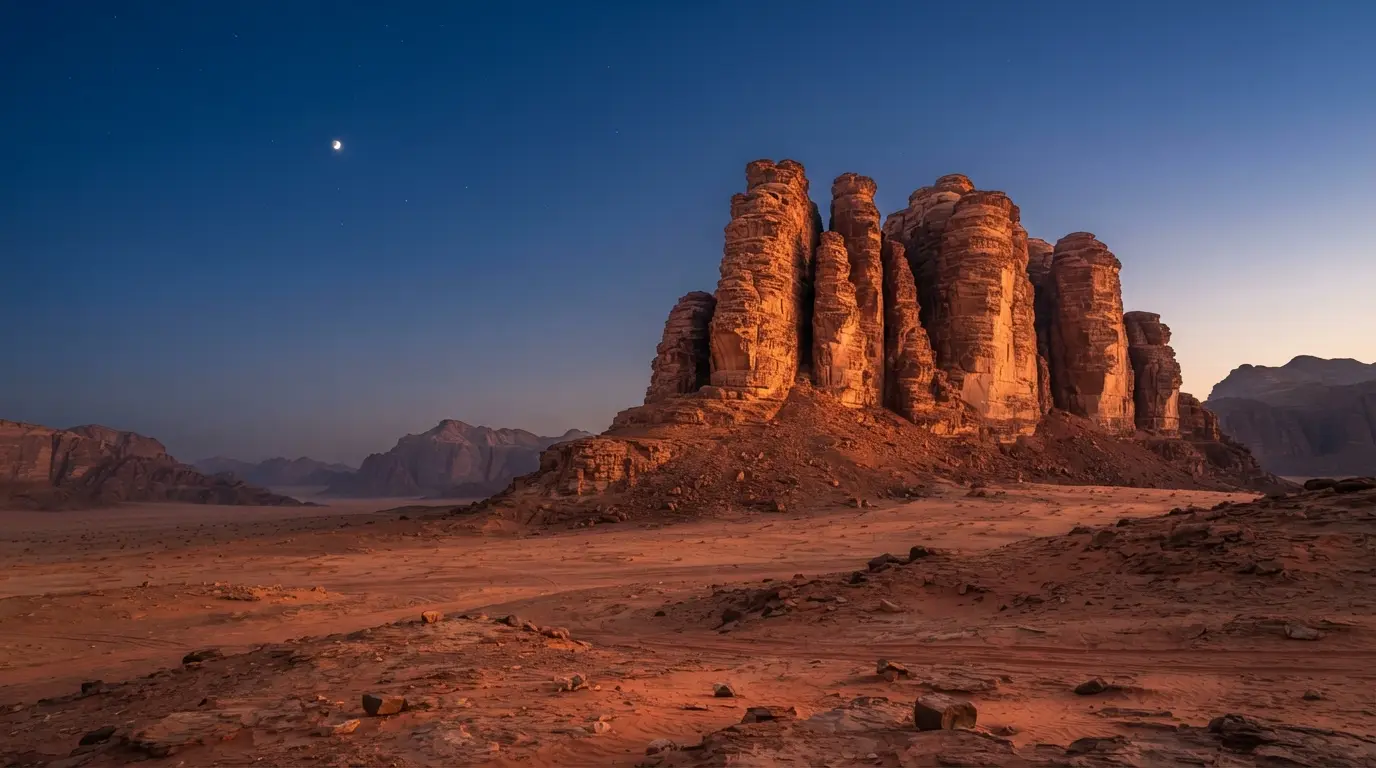 T.E. Lawrence and Wadi Rum history: the Seven Pillars of Wisdom rock formation at the entrance to Wadi Rum, red sandstone massif in the Jordanian desert at dusk with early stars appearing above it