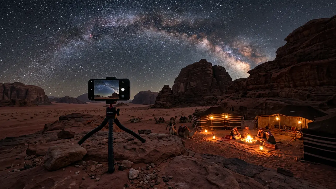A smartphone braced on a mini tripod capturing wadi rum smartphone stargazing photography of the Milky Way arching above red sandstone inselbergs beside a lantern-lit Bedouin camp at night