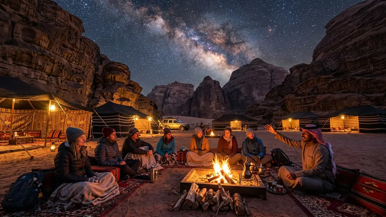 Wide-angle night photo of a Bedouin desert camp beneath a dense Milky Way over Wadi Rum's red sandstone cliffs, illustrating common questions in this Wadi Rum stargazing FAQ about guides, temperatures, and visas