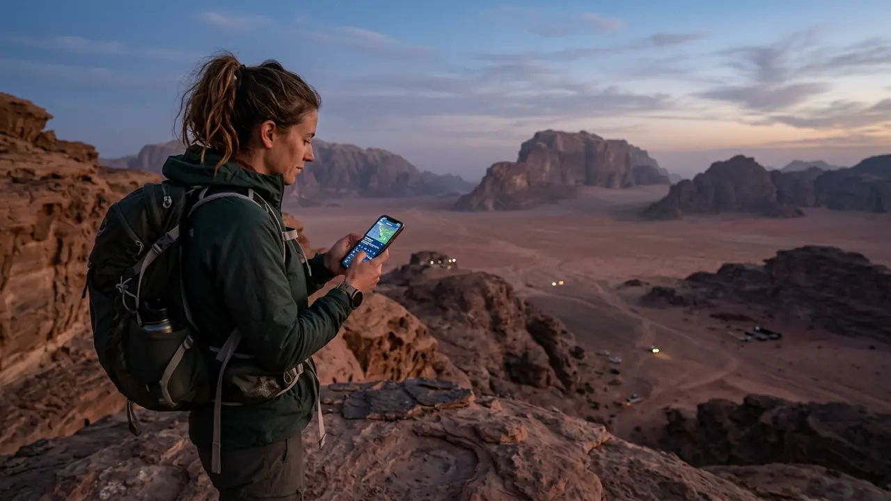 Traveler checking a phone app for the Wadi Rum stargazing forecast on a red sandstone ridge at dusk, dust haze thinning over the valley below