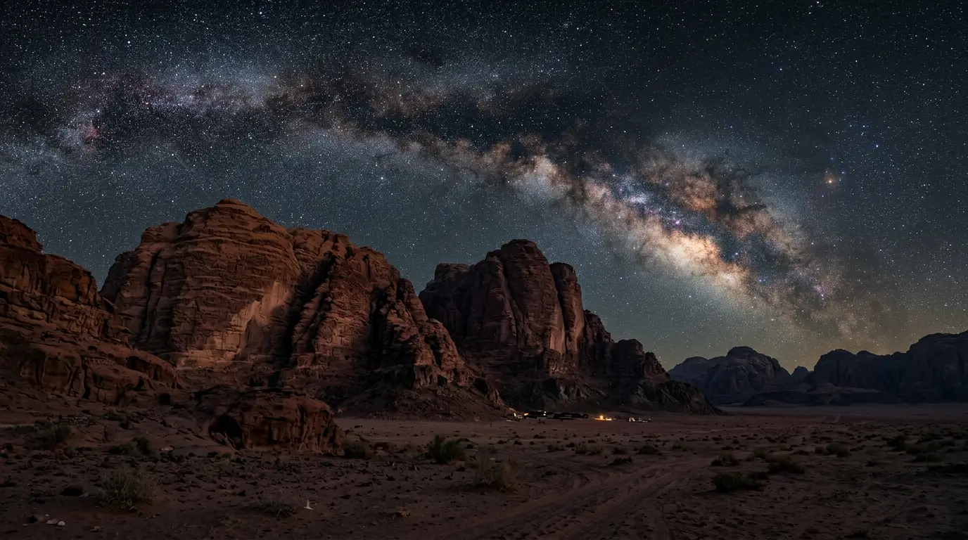 Milky Way over the red sandstone mountains of Wadi Rum, Jordan's UNESCO-listed desert stargazing destination