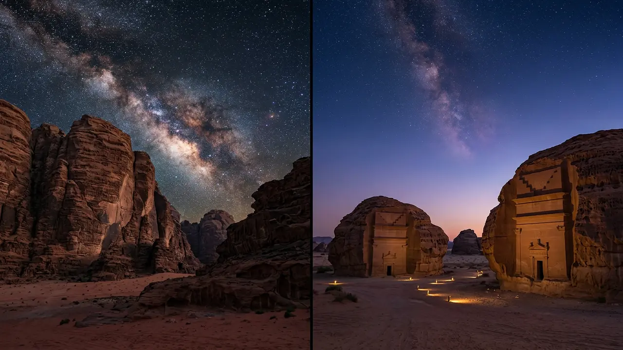 Split desert-night comparison of Wadi Rum's red sandstone canyons in Jordan under a dense Milky Way and AlUla's Hegra Nabataean tombs at dusk in Saudi Arabia, illustrating a Wadi Rum vs AlUla stargazing comparison