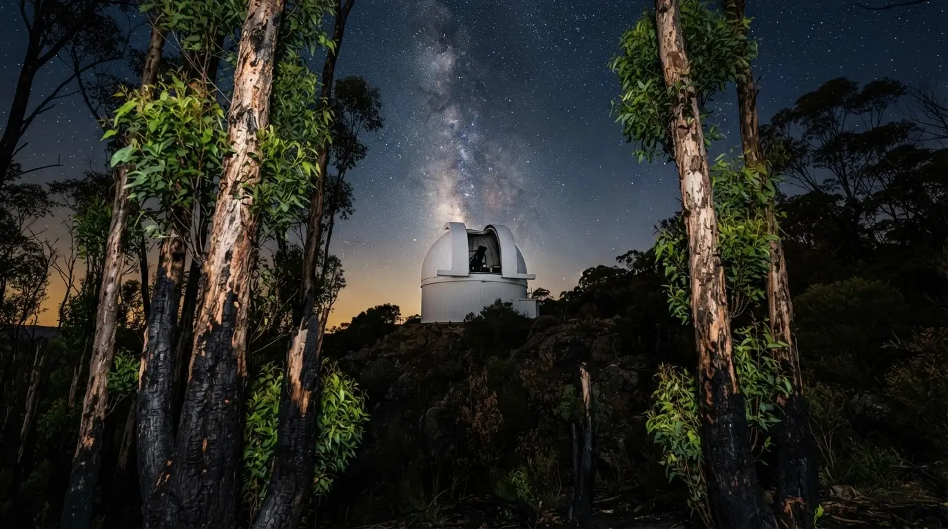 Warrumbungle dark sky park: observatory dome on a bushland ridge beneath the Milky Way, AI-generated, tight foreground subject with a low horizon