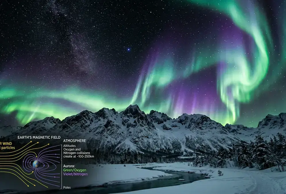 Green and violet auroral curtains rippling above a snow-covered mountain silhouette at night, illustrating what causes the northern lights through solar wind particles colliding with Earth's upper atmosphere.