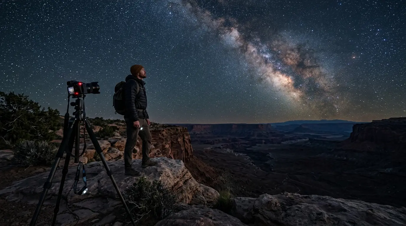Traveler photographing the Milky Way arc above a dark desert horizon on an astrotourism trip, tripod-mounted camera capturing star trails against a certified dark-sky park backdrop
