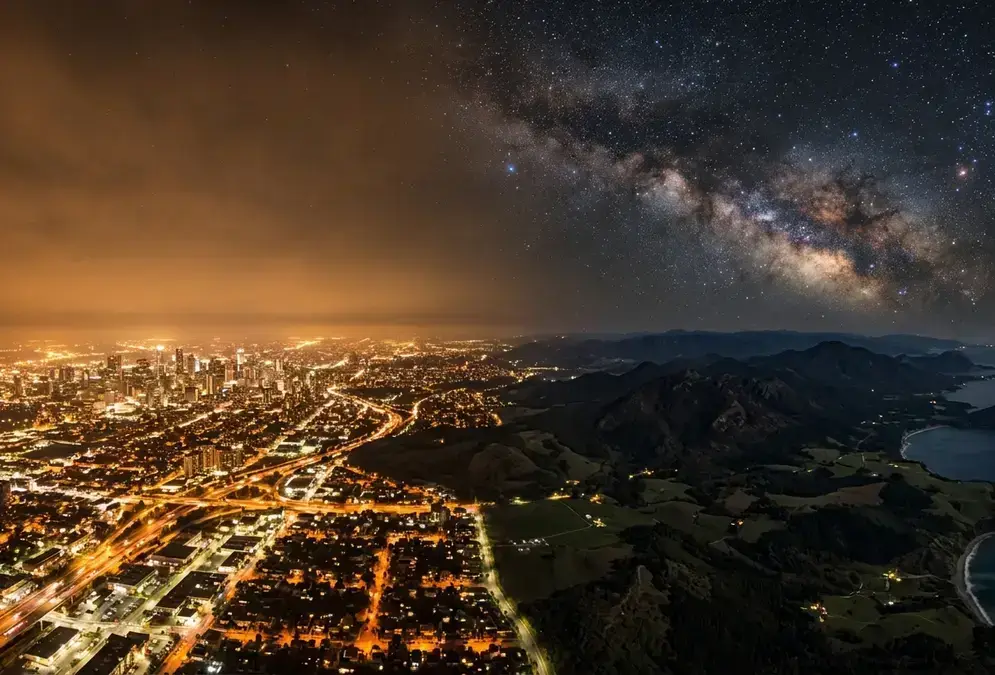 A split-scene aerial view showing a light-polluted city skyline under orange sky glow on the left, transitioning to a pristine dark sky with the Milky Way visible on the right, illustrating what is light pollution and its visual impact on the night sky