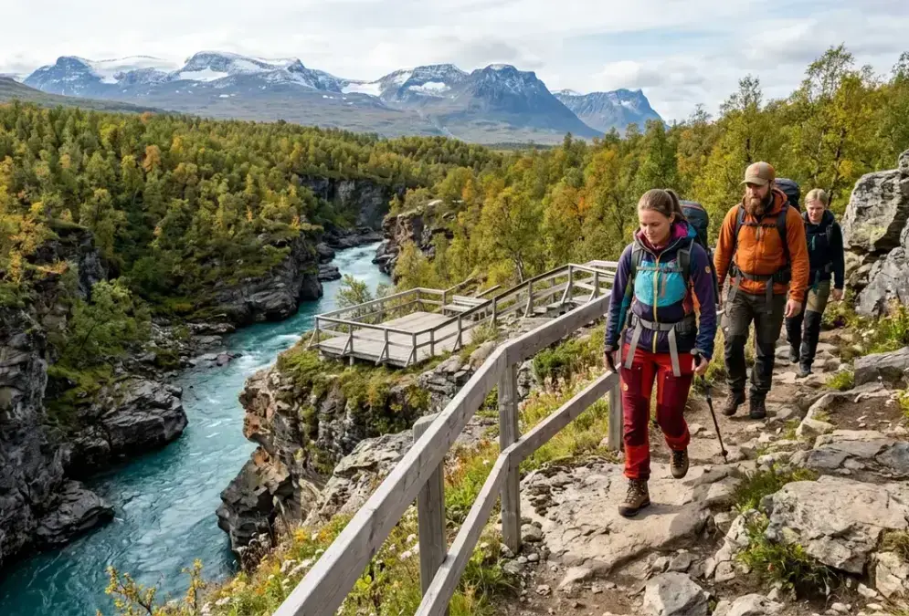 Hikers on the turquoise Abiskojåkka canyon rim trail near Abisko Turiststation in daylight, glacial river below wooden viewing platforms, birch forest and mountains behind, what to do in Abisko beyond stargazing during the day