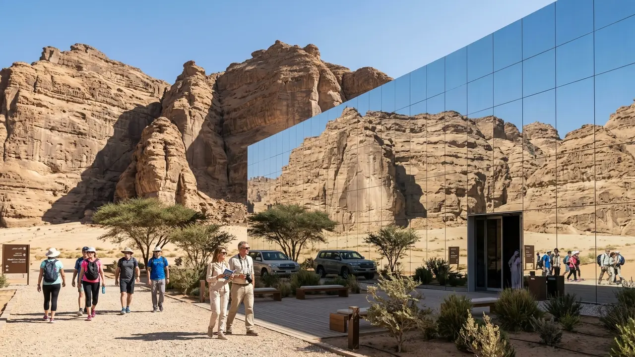 Sun-lit view of Maraya's mirrored exterior reflecting AlUla's sandstone cliffs, illustrating what to do in AlUla beyond stargazing during the day