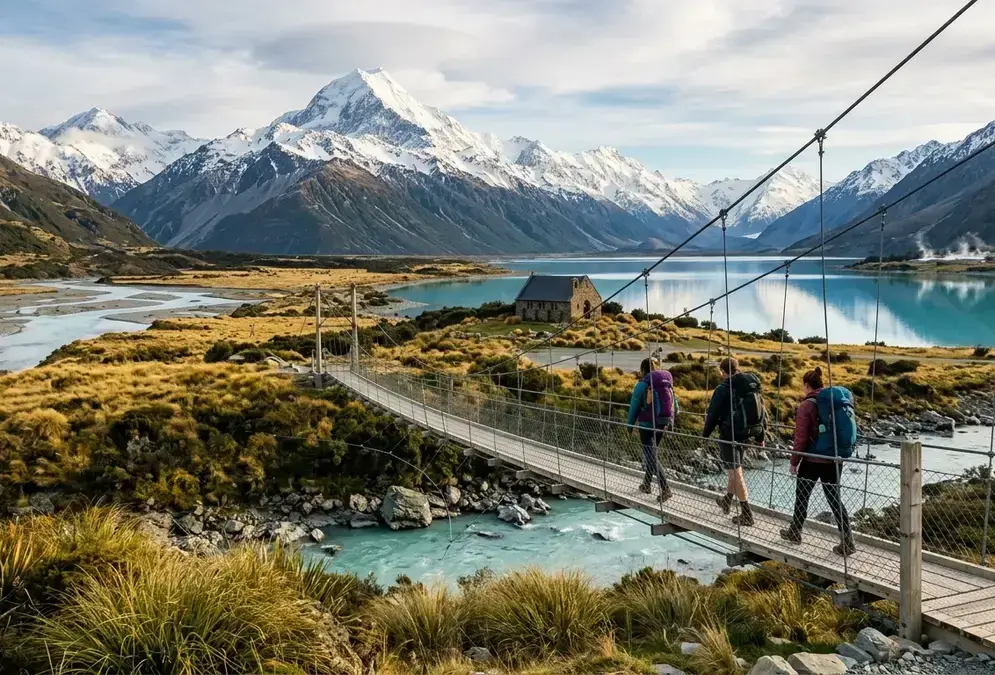 Hikers crossing a swing bridge on the Hooker Valley Track with turquoise Hooker Lake and Aoraki/Mount Cook rising behind them, one of the best things to do at Aoraki Mackenzie beyond stargazing