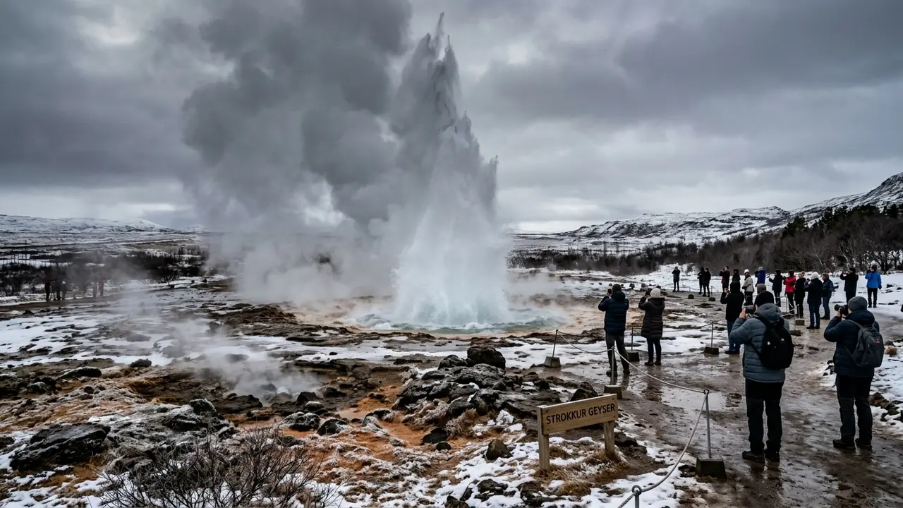 Steam rising from Strokkur geyser mid-eruption at Iceland's Golden Circle under an overcast sky, snow-dusted geothermal field in the foreground, illustrating what to do in Iceland beyond northern lights