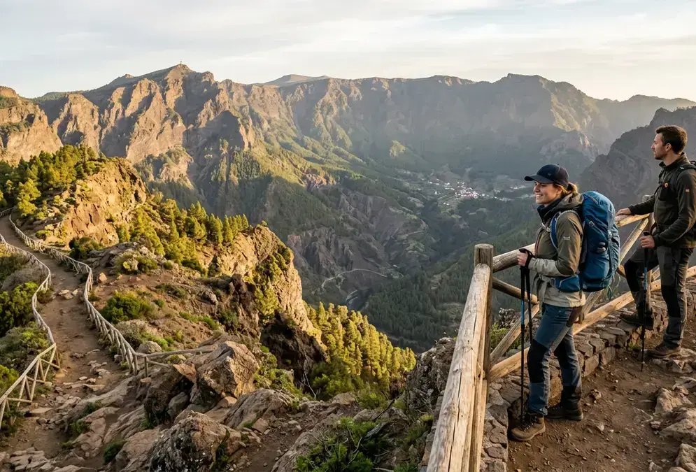 Hikers at a Caldera de Taburiente viewpoint on La Palma, illustrating what to do in La Palma beyond stargazing, morning light over the erosion crater's pine-forested cliffs and rim trail