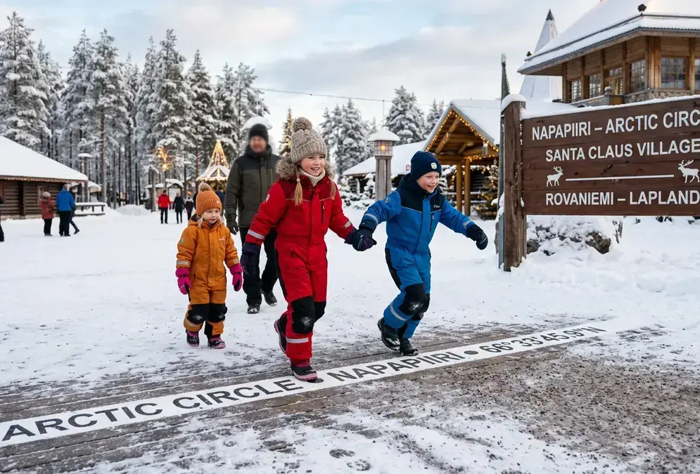 Children crossing the painted Arctic Circle line at Santa Claus Village near Rovaniemi, snow-covered pine trees and a wooden welcome sign, illustrating what to do in Lapland beyond the northern lights