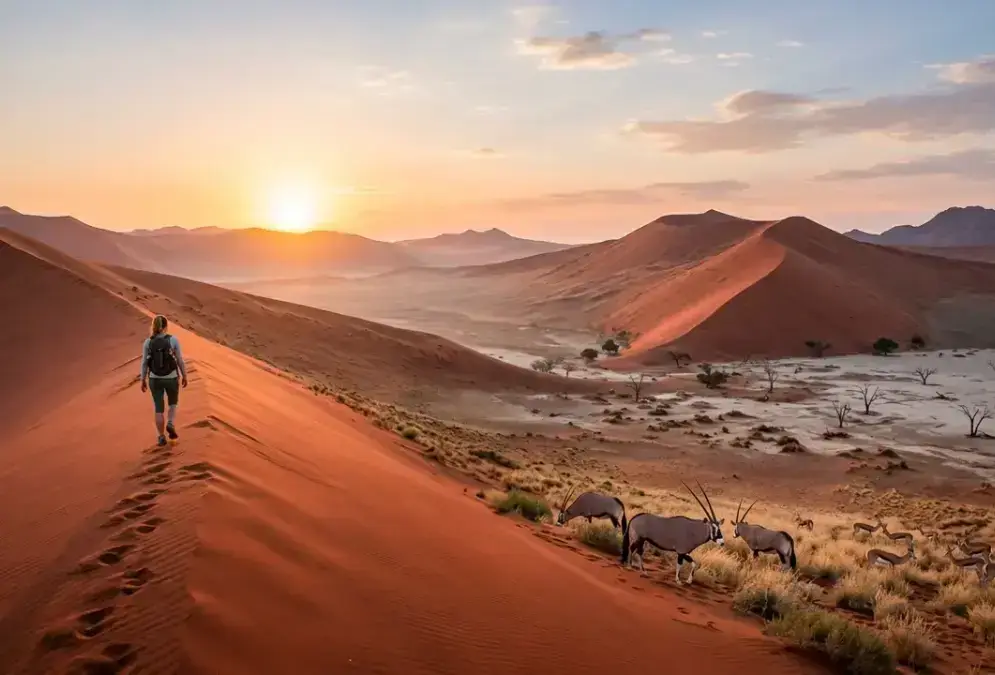 Sunrise light over the red dunes of Sossusvlei near NamibRand Nature Reserve, illustrating what to do in NamibRand beyond stargazing through dune climbs, free-roaming wildlife, and daytime desert scenery