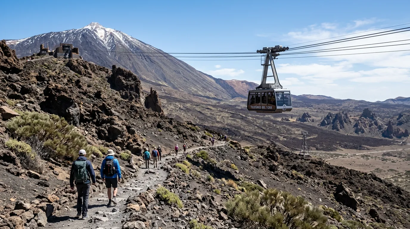 The Teide cable car ascending over the volcanic caldera of Teide National Park at sunrise, a sea of trade-wind clouds below, Pico del Teide silhouetted in the background, what to do in Tenerife beyond stargazing during daylight