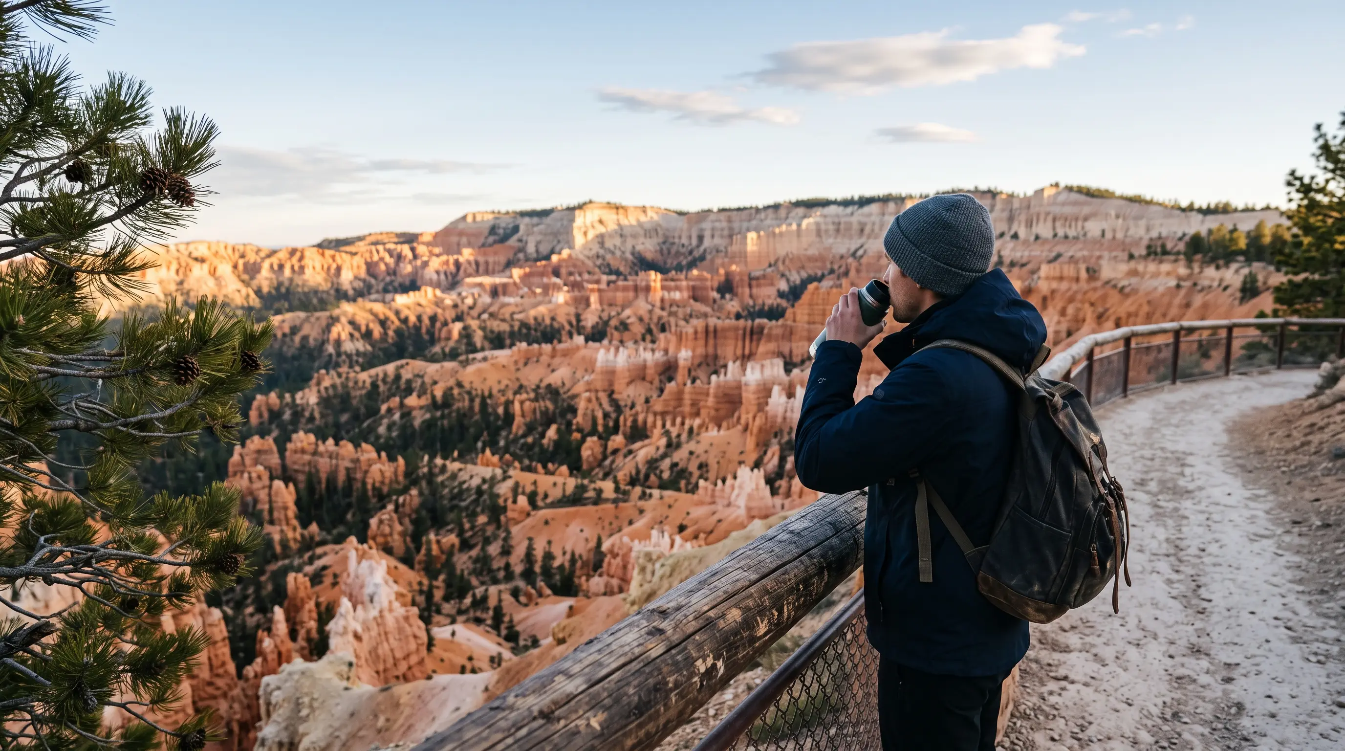 Who was Bryce Canyon named after: pink and orange hoodoos in the Bryce Canyon amphitheater at sunrise, warm light on the rim, a pioneer-era timber track suggested by a faint dirt road in the foreground