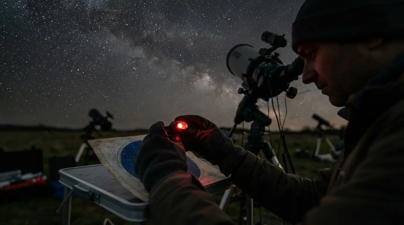 Why do astronomers use red light demonstrated by an observer using a dim downward red headlamp beside a telescope beneath a natural dark sky