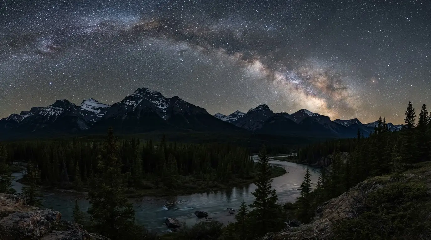 Night sky over the Canadian Rockies in Jasper National Park, the Dark-Sky Preserve whose history answers the question of why is Jasper called Jasper: the town and park were named after fur trader Jasper Hawes, who ran a North West Company post in the Athabasca Valley from 1815 to 1821