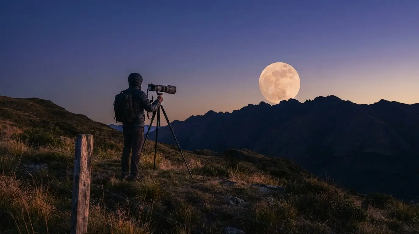 Large orange full Moon rising over a distant ridgeline at dusk, the scene behind why does the moon look bigger near the horizon, photographed with a long lens against a dim blue sky