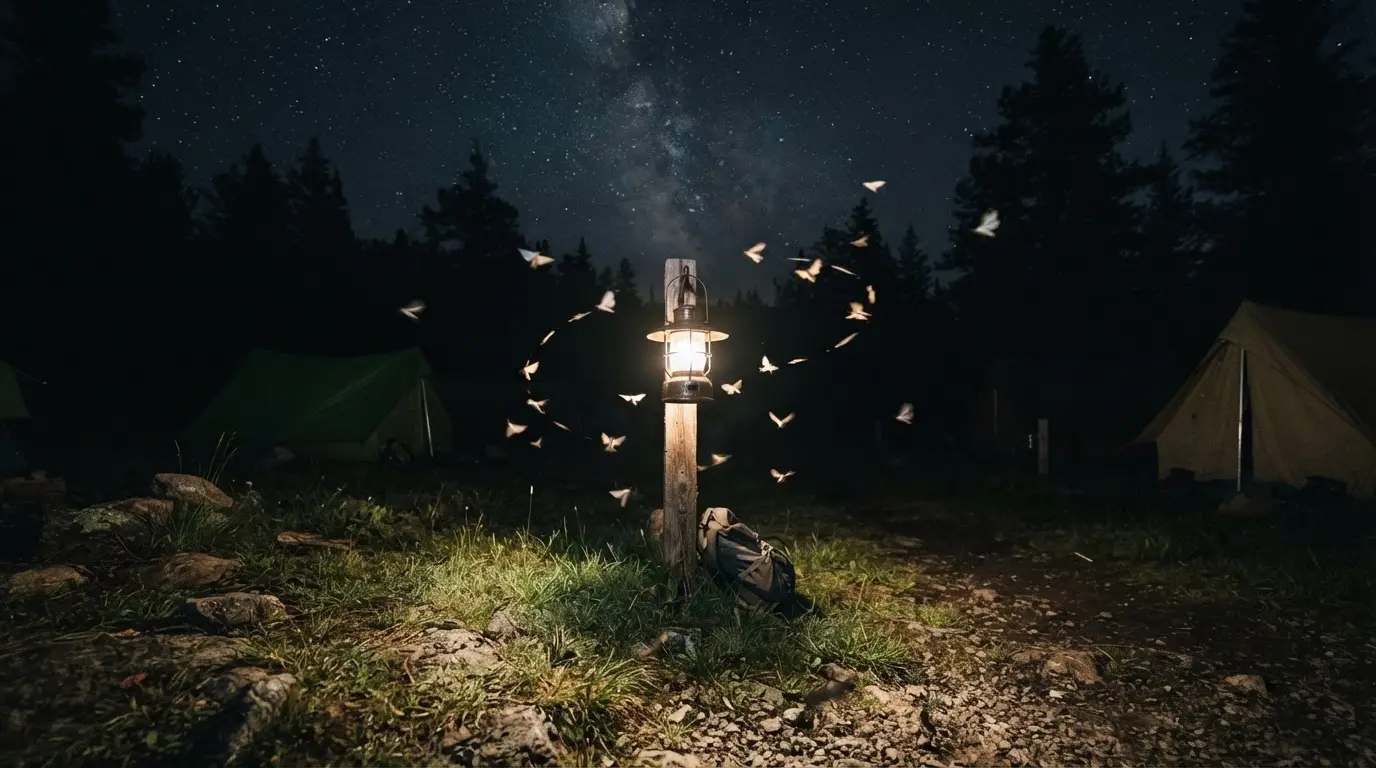 Why are moths attracted to light shown by moths looping in orbits around a shielded outdoor lamp on a dark campsite at night, long-exposure trails beneath a starry sky
