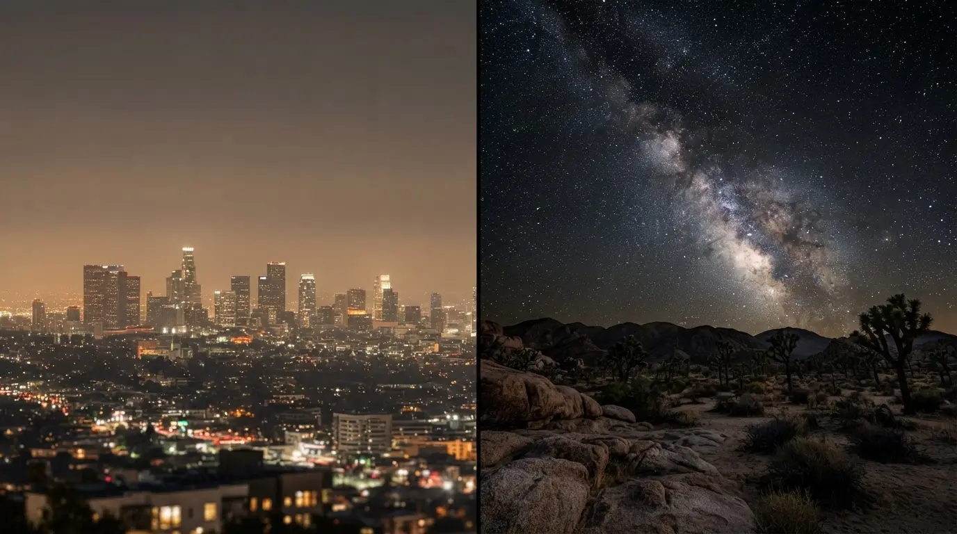 AI-generated illustration of contrasting urban and desert night skies, with orange skyglow on one side and a visible Milky Way on the other, illustrating why we can't see the Milky Way anymore