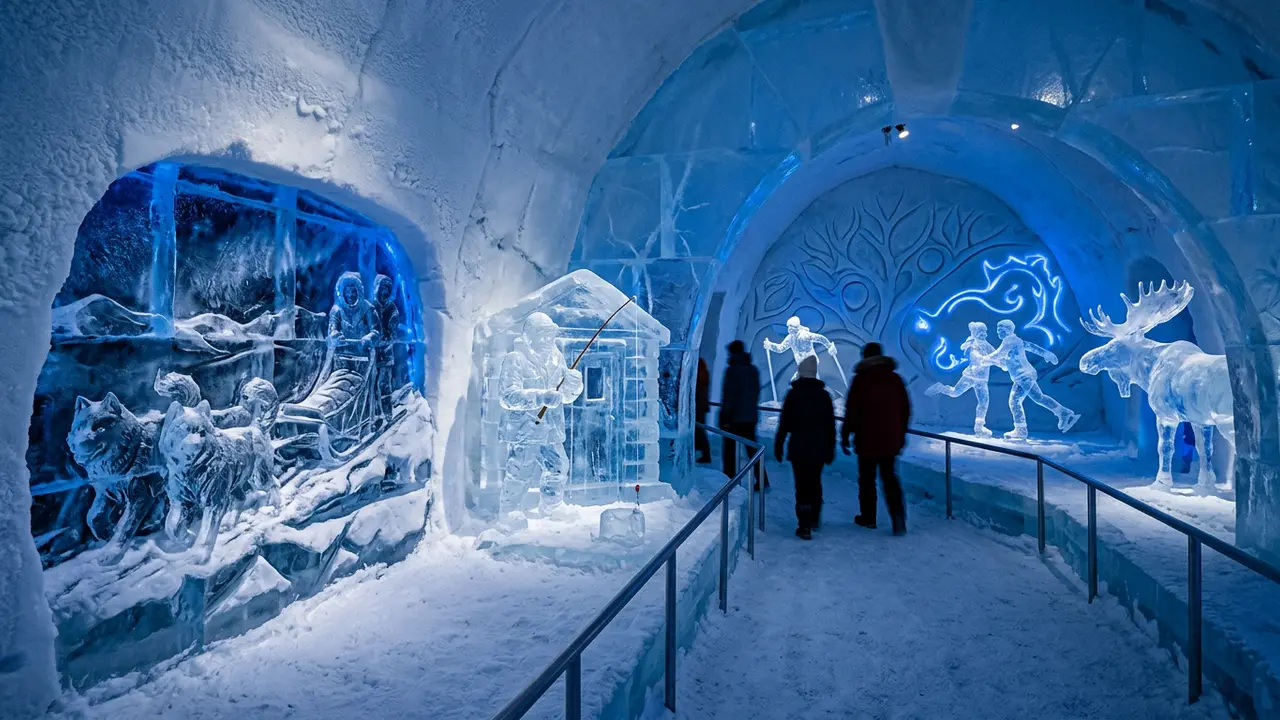 Interior of the Aurora Ice Museum at Chena Hot Springs Resort with intricate ice sculptures and carved walls illuminated by blue LED lighting, representing winter things to do in Fairbanks Alaska beyond the northern lights