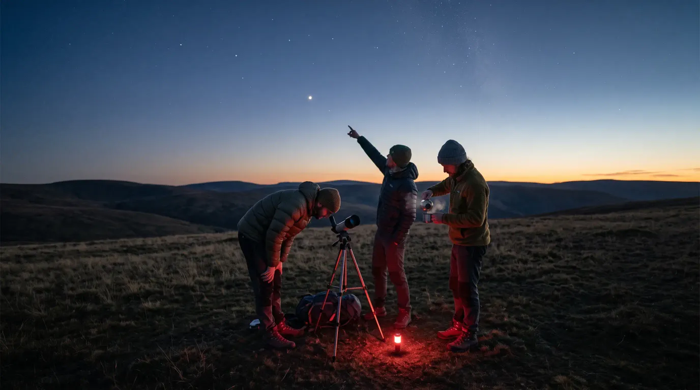 Observers with telescopes on a World Space Week observing night, Milky Way arching above a dark mountain ridge at dusk