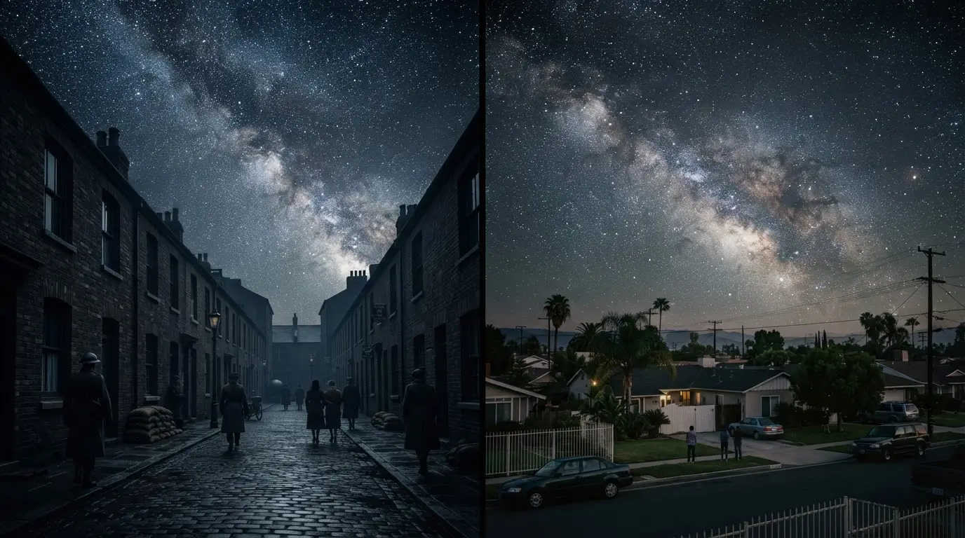 A blacked-out WWII-era London street beneath a star-dense Milky Way, split against a powerless 1990s Los Angeles skyline, illustrating how WWII blackouts rediscovered the stars