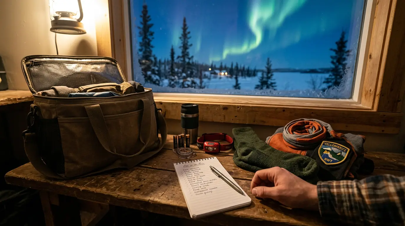 A winter traveller's arctic packing layout for Yellowknife aurora season: merino wool base layers, heavyweight Polartec fleece, insulated parka with faux-fur ruff hood, Baffin winter boots, heavily insulated mittens, merino balaclava, chemical hand warmers, and camera gear with spare batteries on a wooden cabin table, frozen Great Slave Lake visible through a frost-rimmed window at dusk, Yellowknife winter packing list essentials for stationary aurora viewing at -40°C