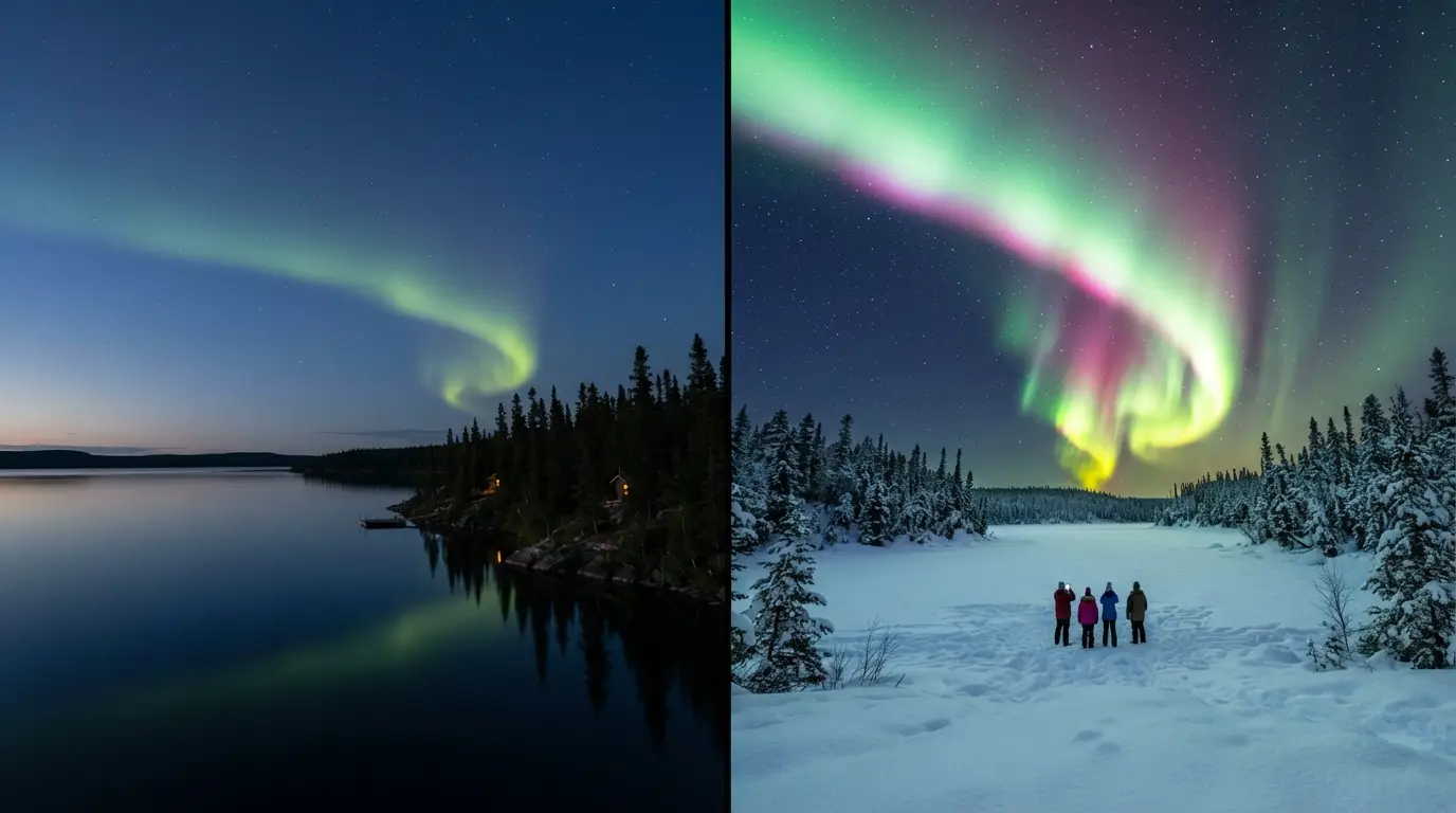 Split-frame view comparing Yellowknife aurora by month: a faint green glow above lingering summer twilight beside a bright overhead display over snow-covered ground in early spring
