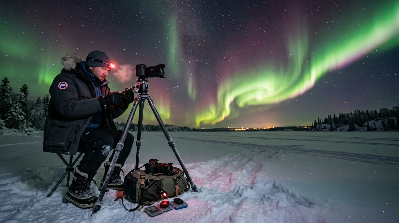 A sturdy tripod-mounted full-frame camera with a wide-angle fast lens aimed at vivid green aurora bands swirling over a frozen Great Slave Lake near Yellowknife, photographer in insulated arctic gear adjusting settings in the foreground at night, illustrating essential Yellowknife aurora photography gear for subarctic winter conditions