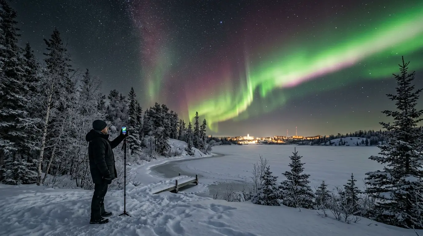 Gloved hands holding a smartphone on a compact tripod aimed at a vivid green aurora curtain over snow-covered boreal forest near Yellowknife, Northwest Territories, at night, illustrating how to photograph northern lights with a smartphone in subarctic cold