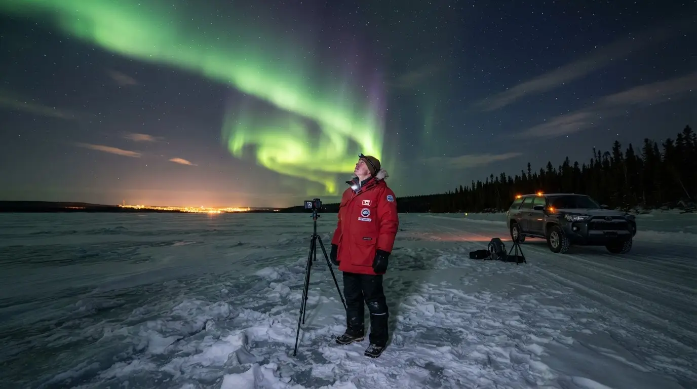 A lone traveler in a heavy red parka stands on the frozen surface of Great Slave Lake near Yellowknife at night, vivid green aurora borealis bands arcing overhead, the distant orange glow of Yellowknife city lights on the horizon, a parked SUV visible on the ice road behind them, snow-covered boreal forest silhouettes framing the scene, photorealistic wide-angle winter night composition representing the yellowknife aurora tour or diy decision