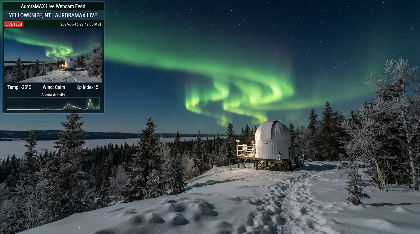 Computer screen displaying a live Yellowknife aurora webcam feed from AuroraMAX, showing a bright green aurora curtain arching across a dark night sky above the boreal forest near Yellowknife, Northwest Territories