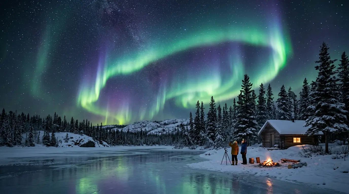Green aurora borealis swirling directly overhead above snow-covered taiga forest near Yellowknife, Northwest Territories at night, illustrating the auroral oval's southern edge passing over the city at 68°N magnetic latitude
