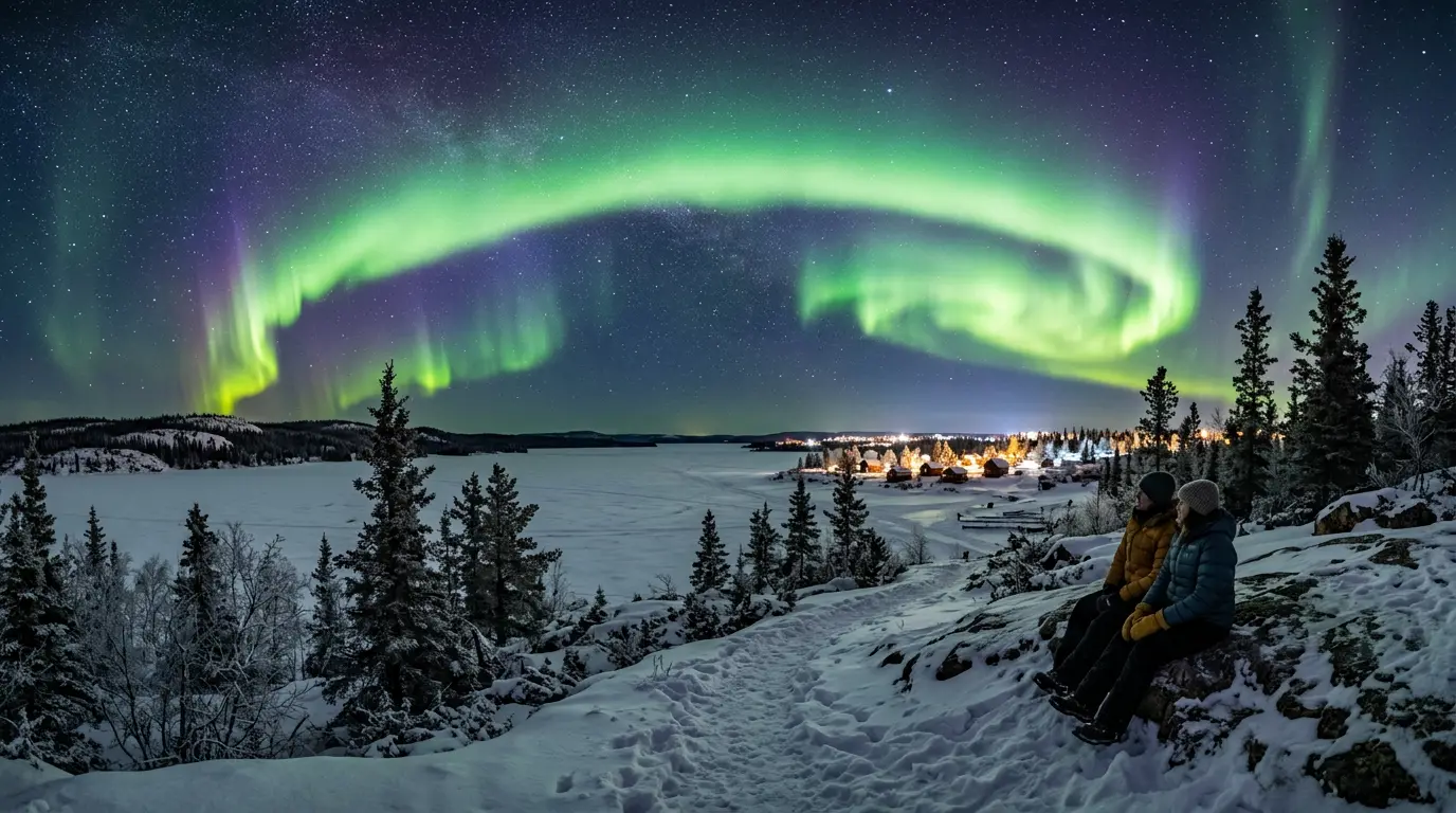 Brilliant green and purple aurora borealis curtains above a snow-covered pine forest near Yellowknife at night, illustrating the Yellowknife northern lights FAQ with the auroral oval center overhead display at magnetic latitude 68N