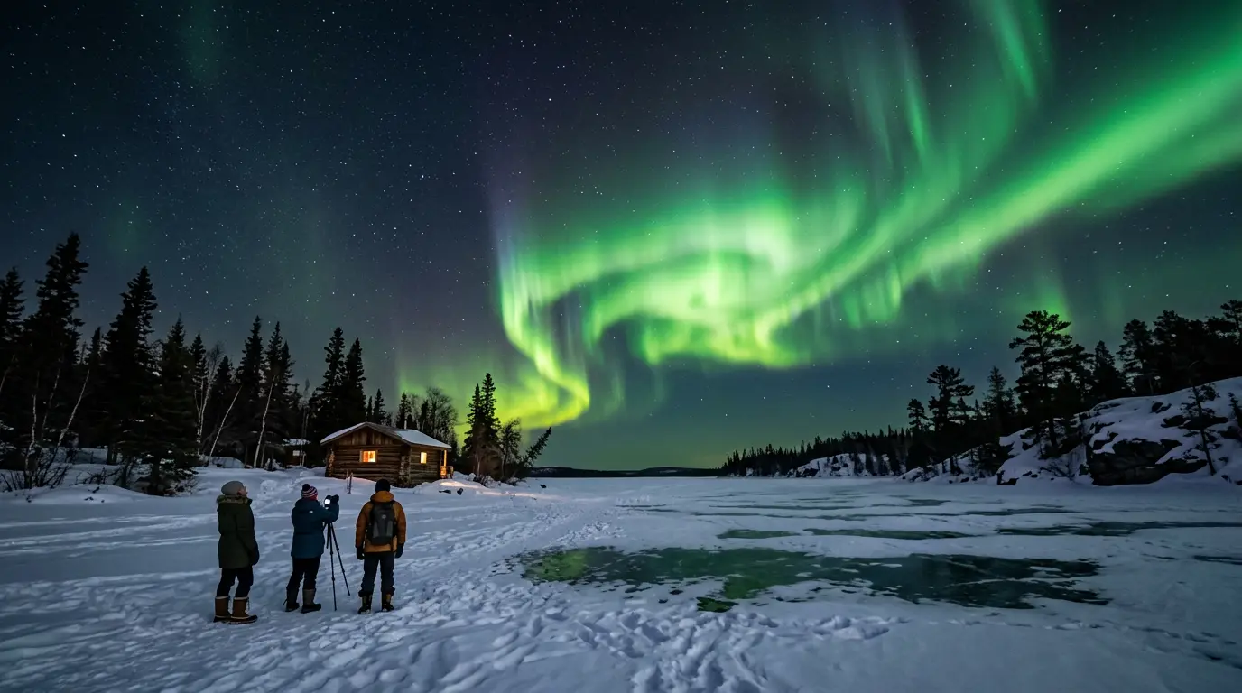 Vivid green and purple aurora borealis swirling directly overhead above a frozen Great Slave Lake near Yellowknife, Northwest Territories, with snow-covered pine silhouettes in the foreground and a faint orange glow from the city on the horizon, photorealistic wide-angle night sky photo depicting the Yellowknife vs Fairbanks northern lights comparison